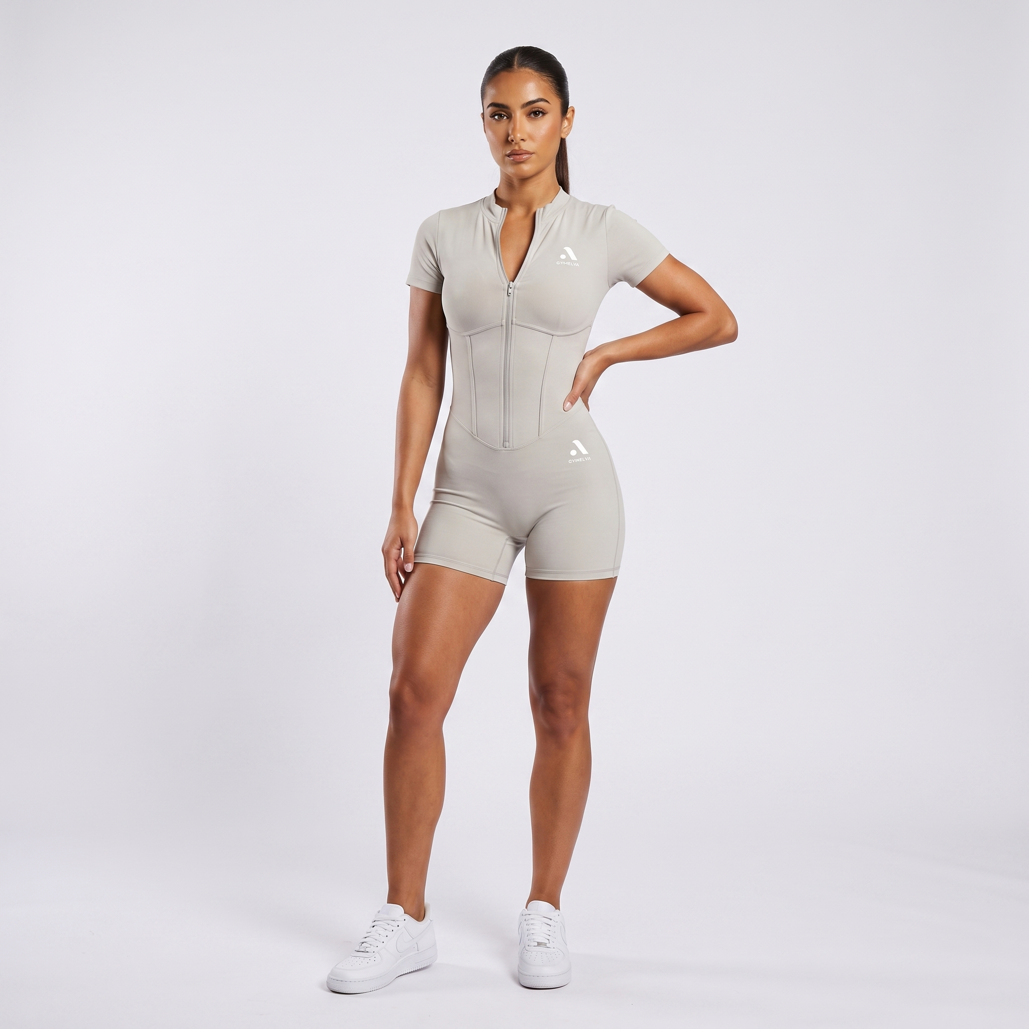 GYMELVA Corset Zip Romper Stone Grey - front