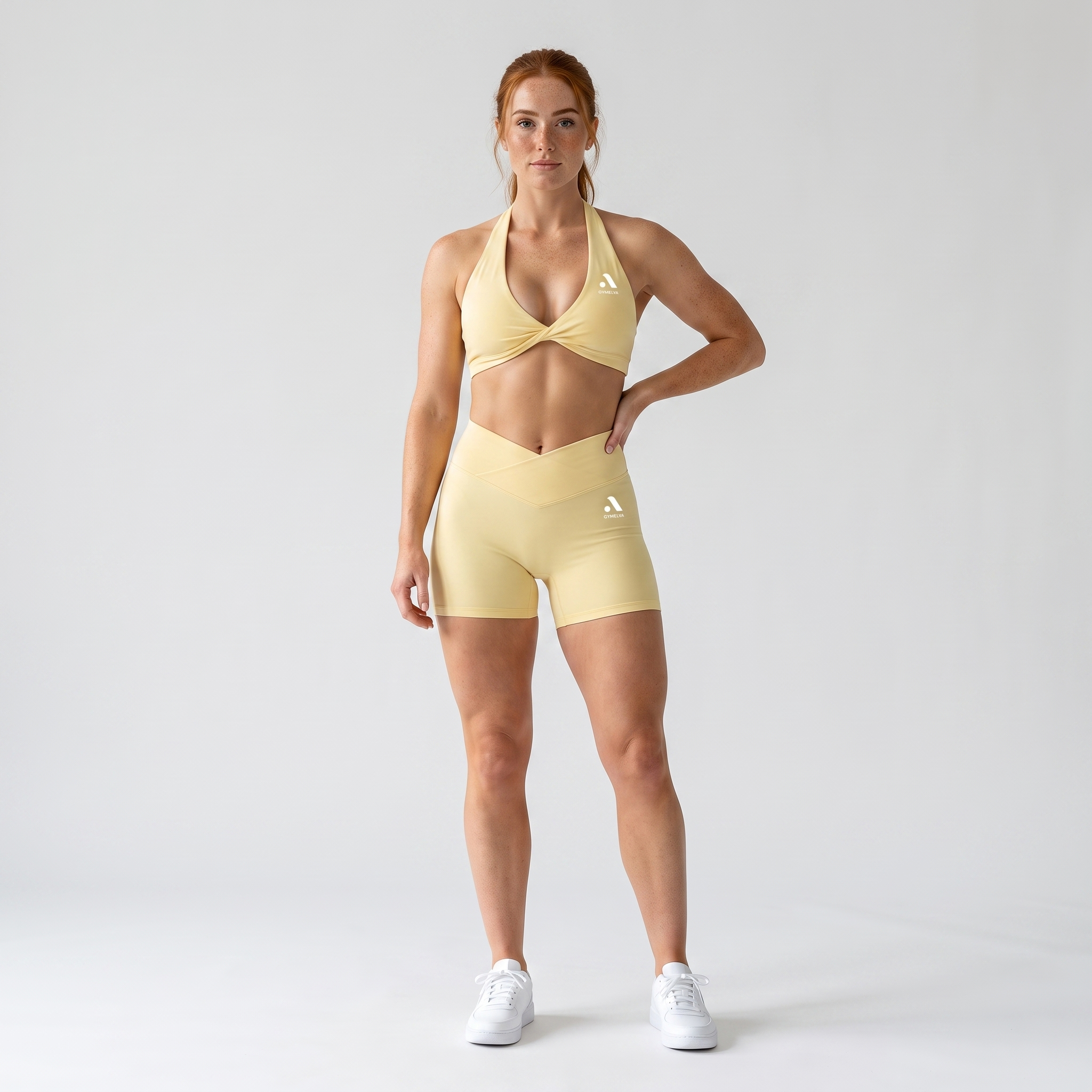 GYMELVA Twist Halter Short Set Butter Yellow - front