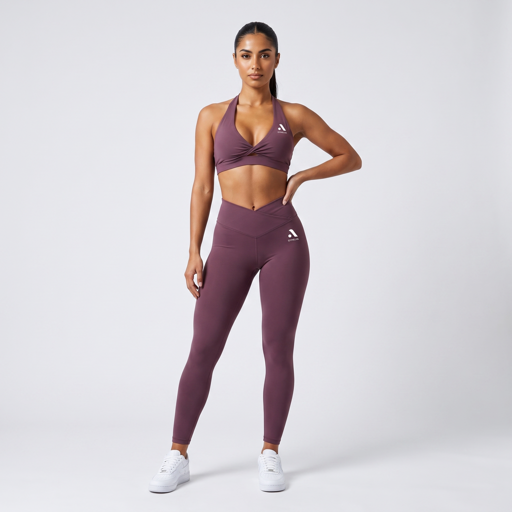 GYMELVA Twist Halter Legging Set Plum Mauve - front