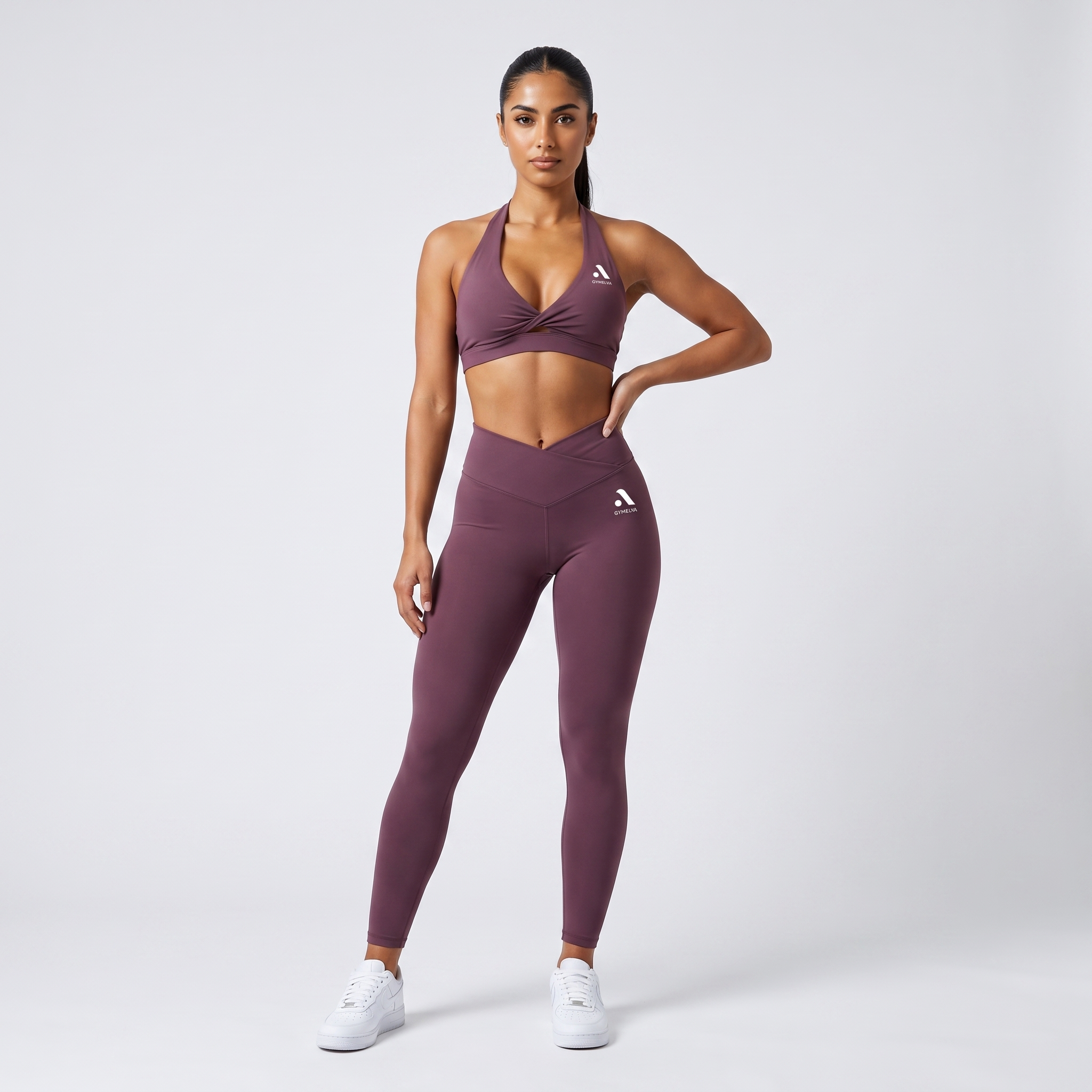 GYMELVA Twist Halter Legging Set Plum Mauve - front