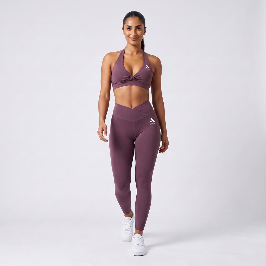 GYMELVA Twist Halter Legging Set Plum Mauve - walking