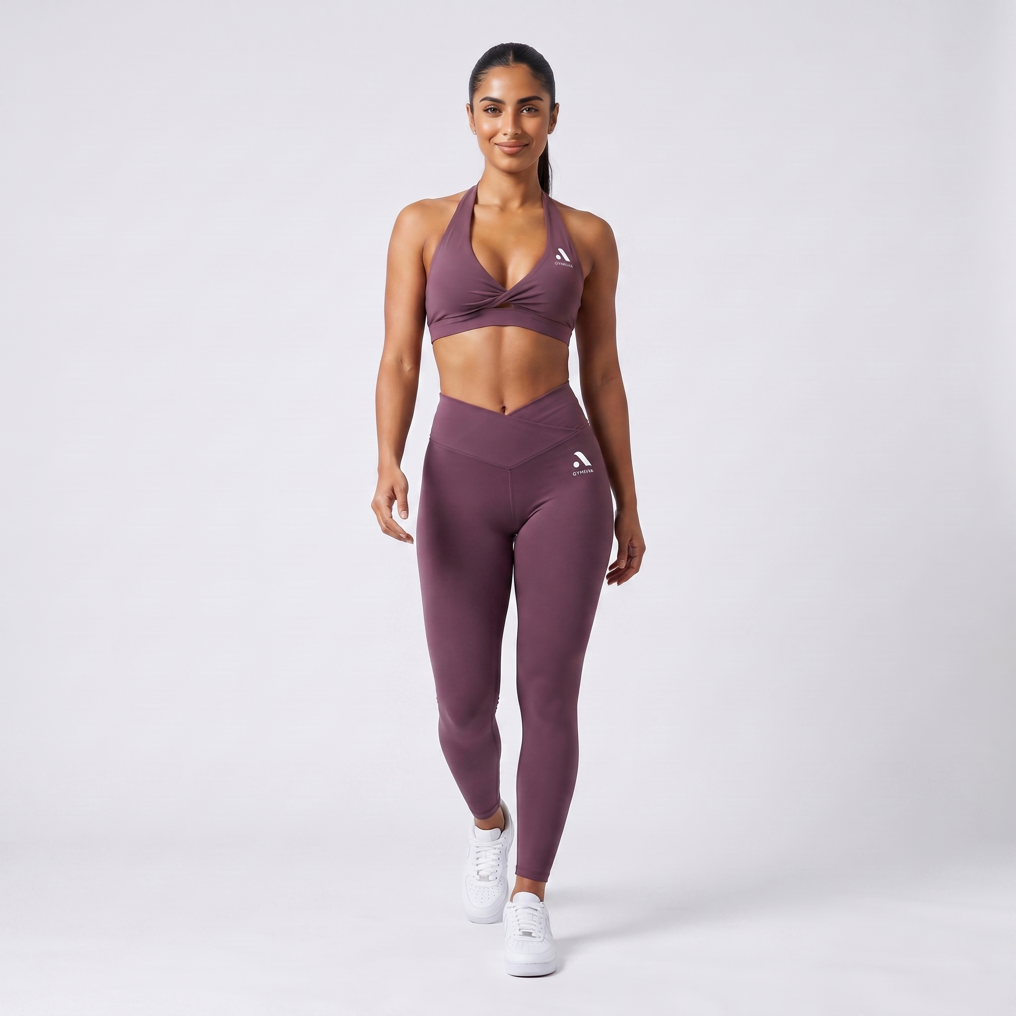 GYMELVA Twist Halter Legging Set Plum Mauve - walking