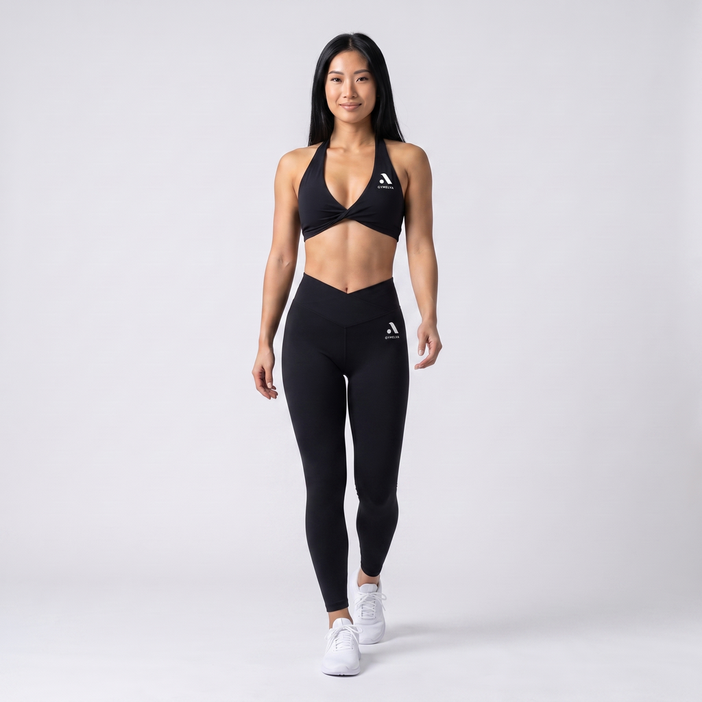 GYMELVA Twist Halter Legging Set Onyx Black - walking