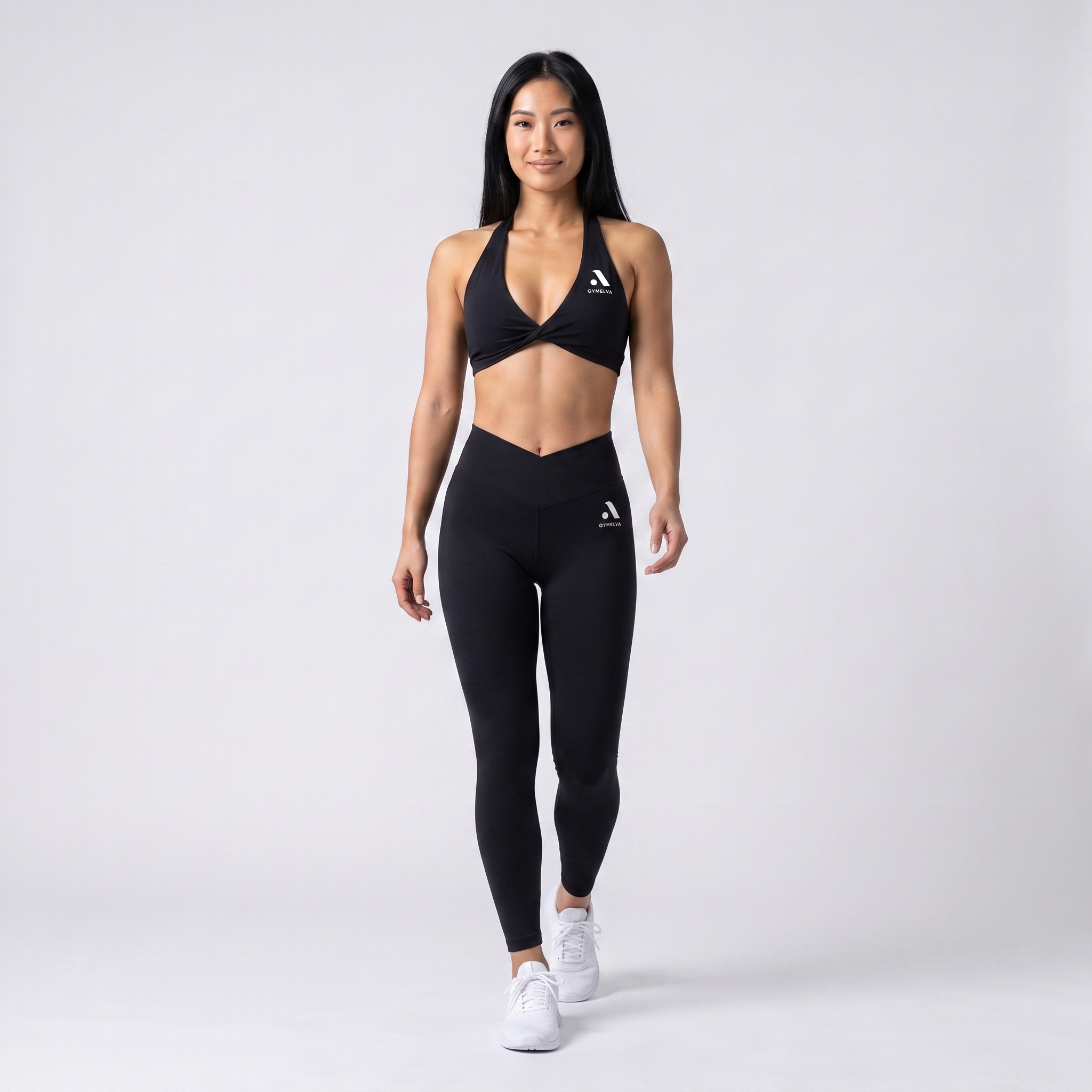 GYMELVA Twist Halter Legging Set Onyx Black - walking